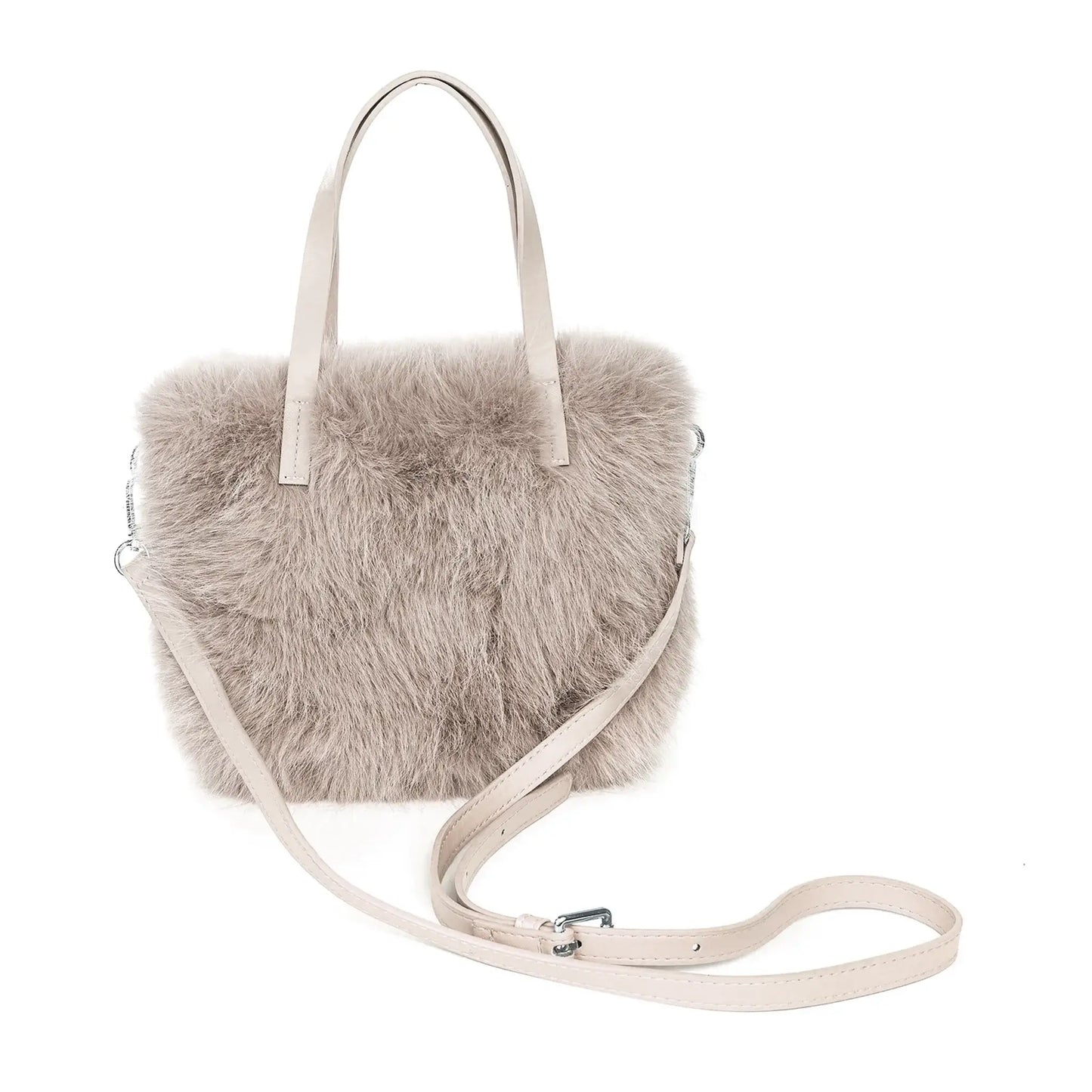 A faux fur bag with faux leather handles and crossbody strap in a stone colour