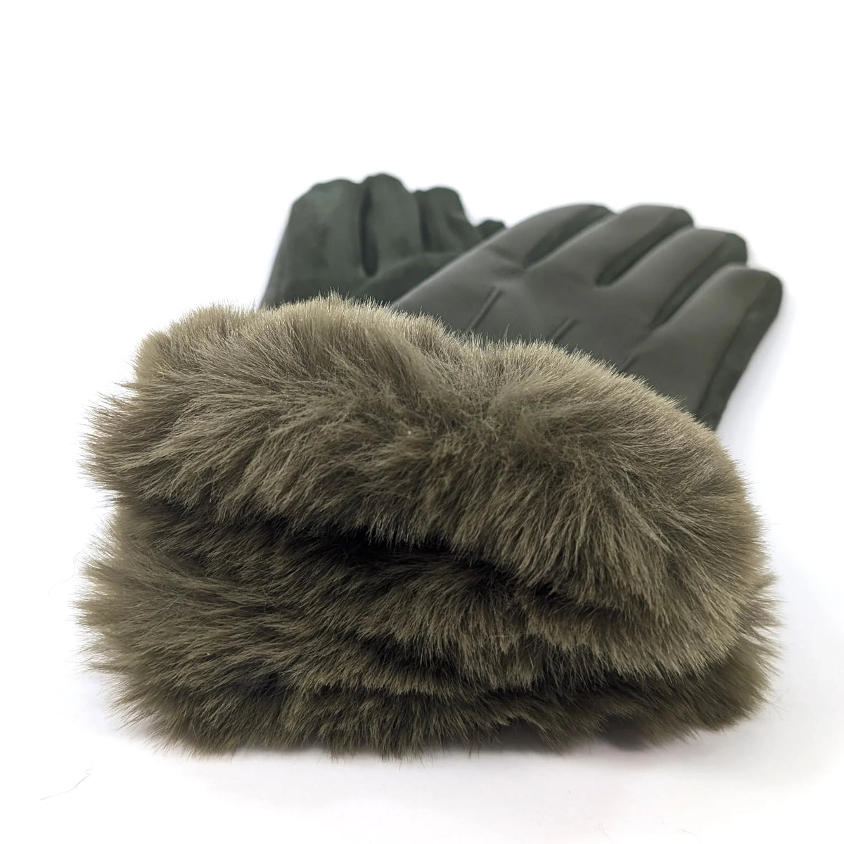 Faux Leather & Fur Gloves | Dark Green