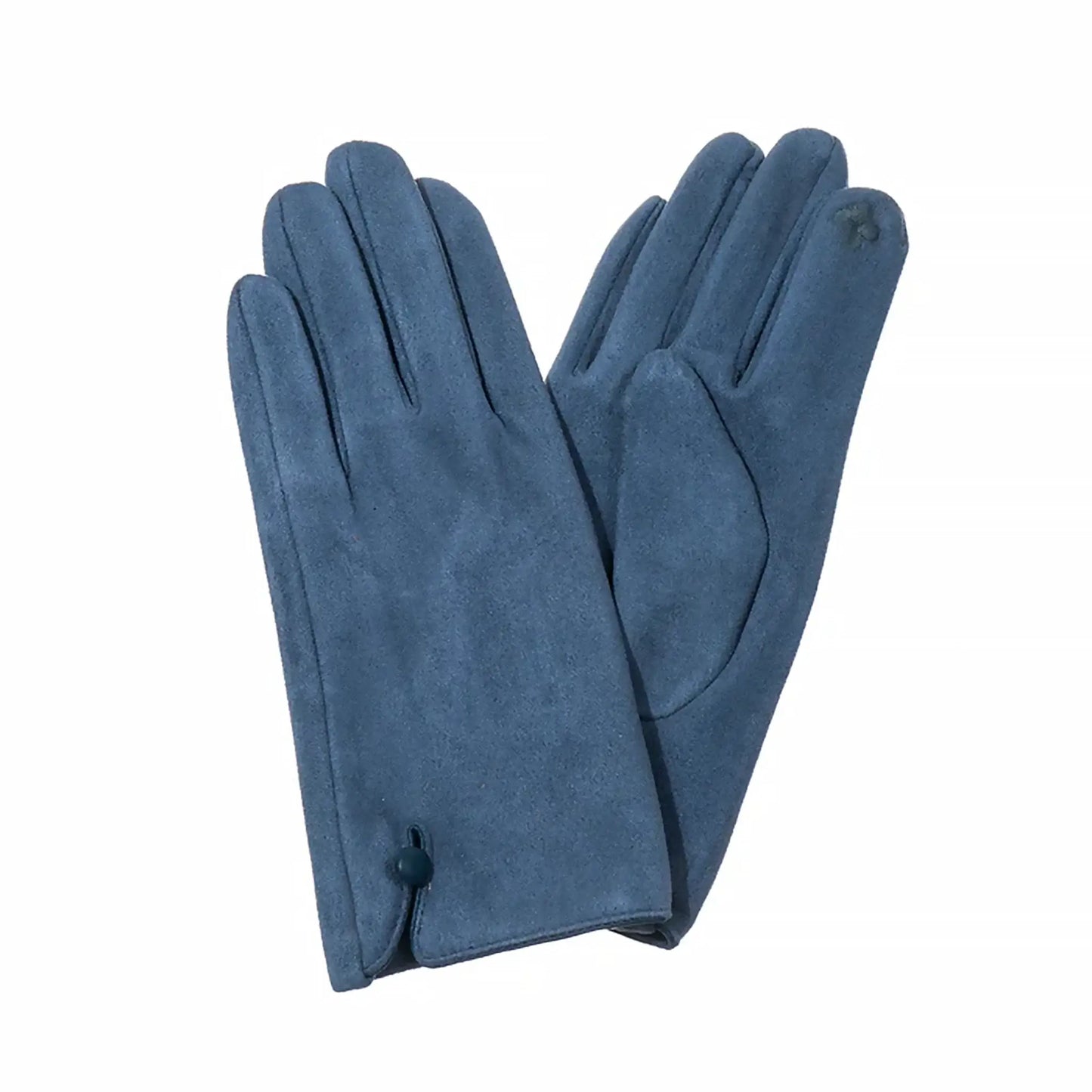 China blue suede gloves with single button detail on the cuff and touch screen finger