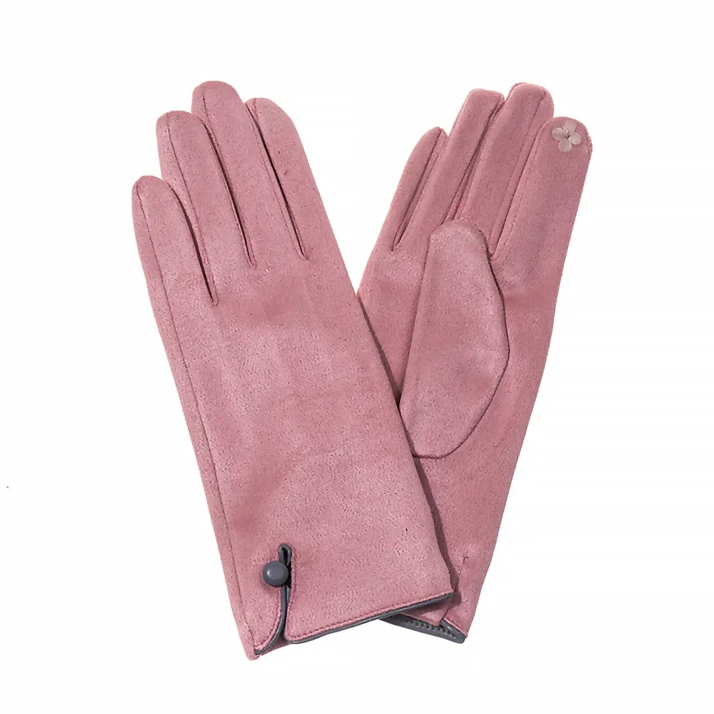 Pink suede gloves with single button detail on the cuff and touch screen