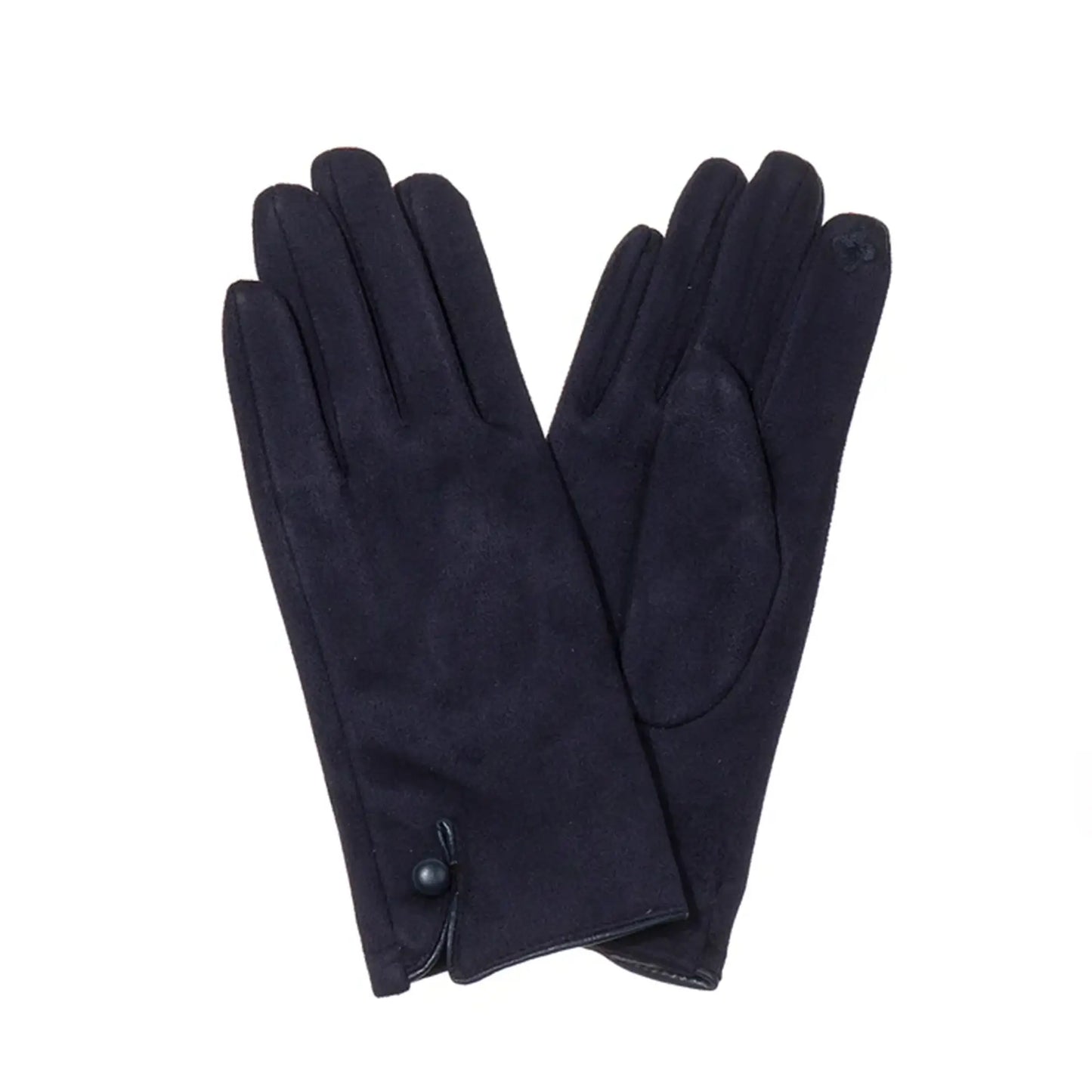Navy suede gloves with single button detail on the cuff and touch screen finger