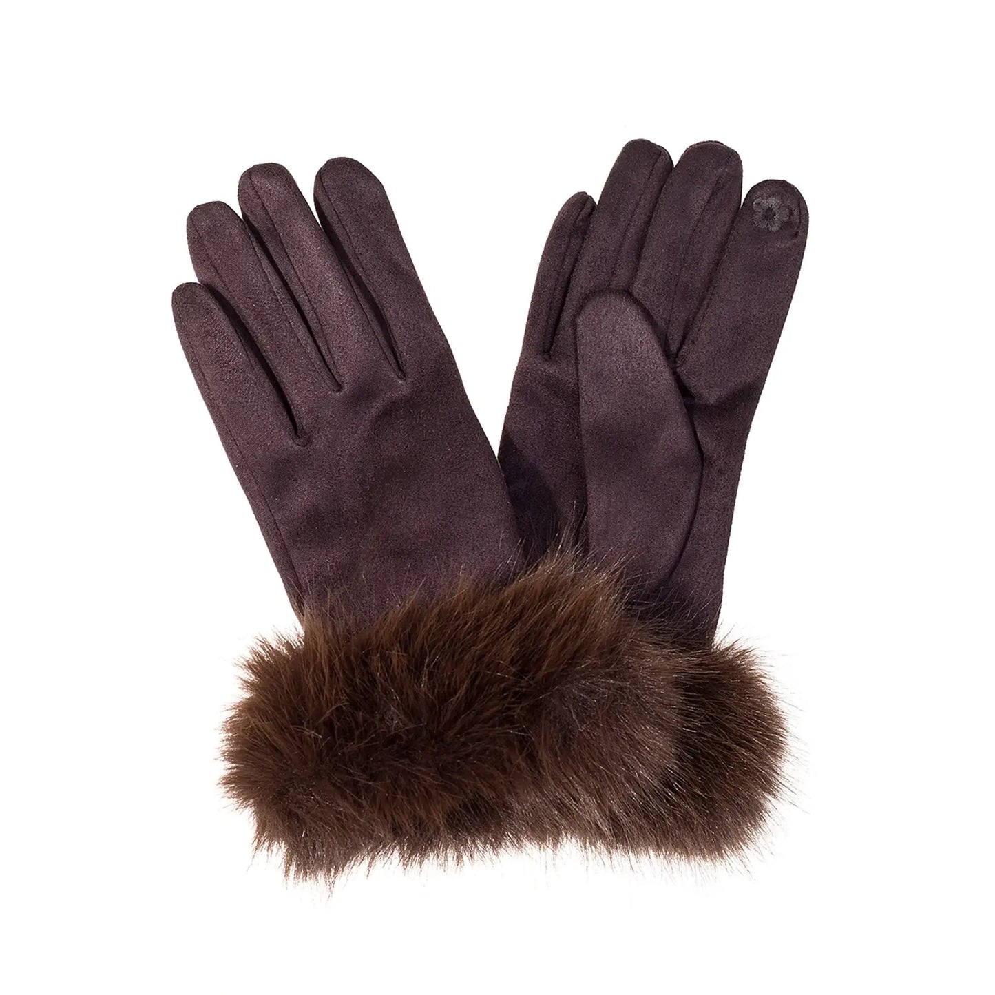 Pair of faux suede gloves with fur cuffs in brown