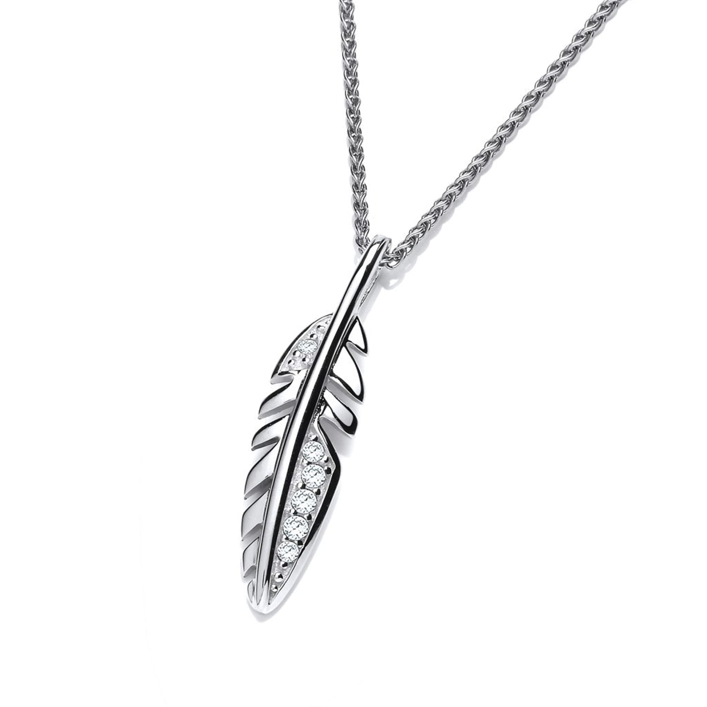 Silver feather shaped pendant with CZ stones on a silver chain