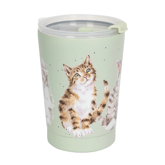 A green thermal mug featuring illustrations of cuddling cats