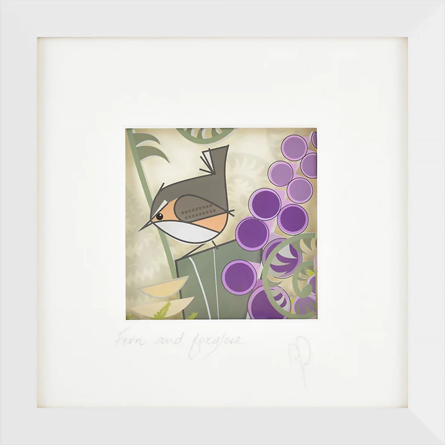 Square framed print featuring printed acrylic art of wren bird with foxglove and fern