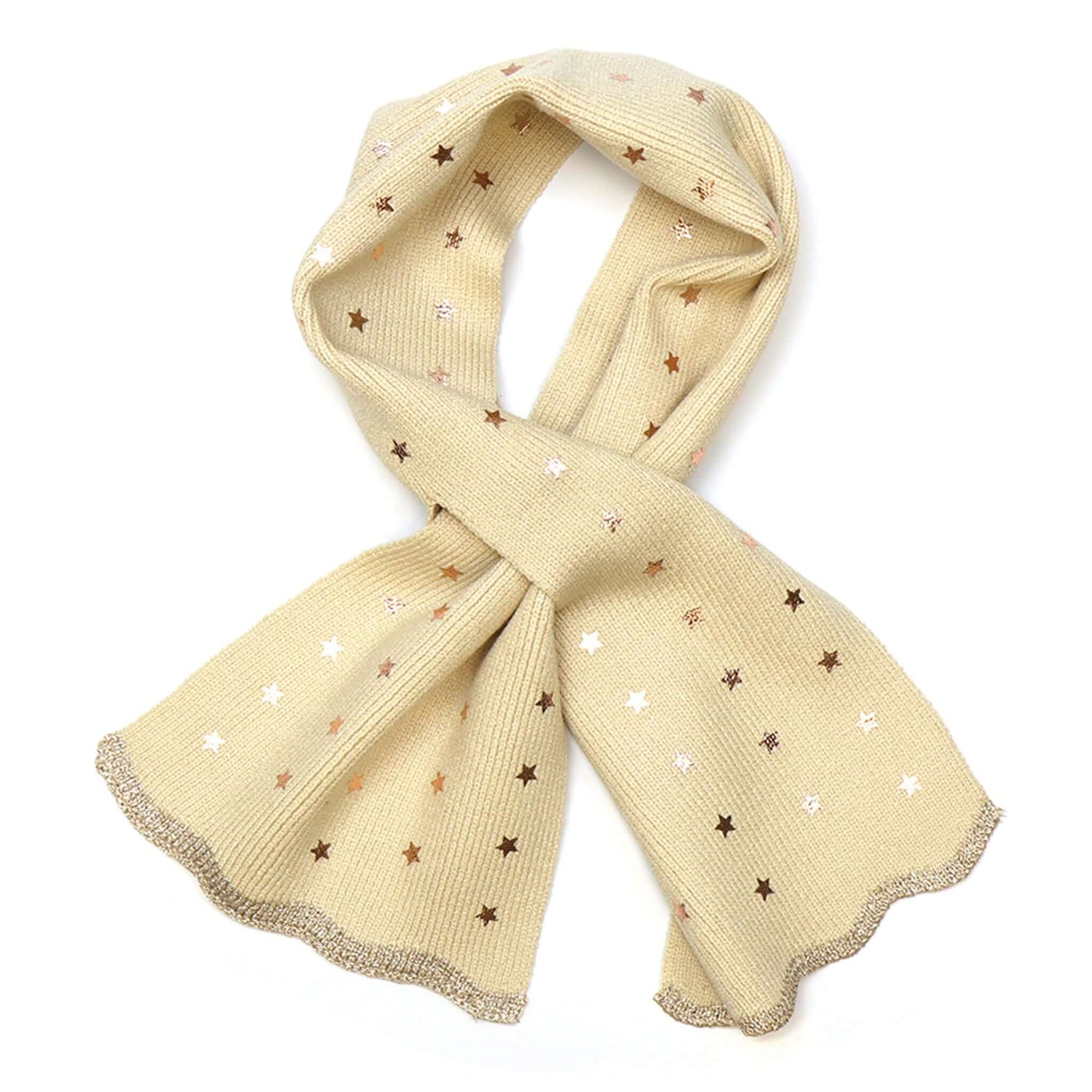 Cream knitted pull-through scarf with foil stars and scalloped edges