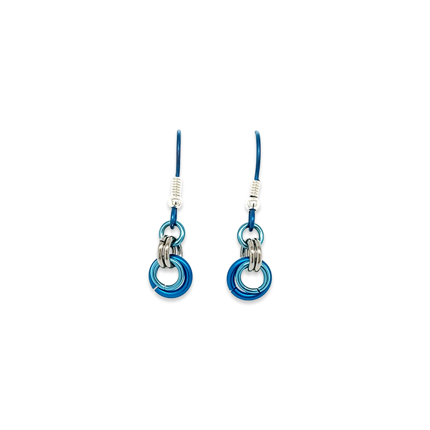 A pair of titanium drop earrings with 5 linked hoops in different shades of blue