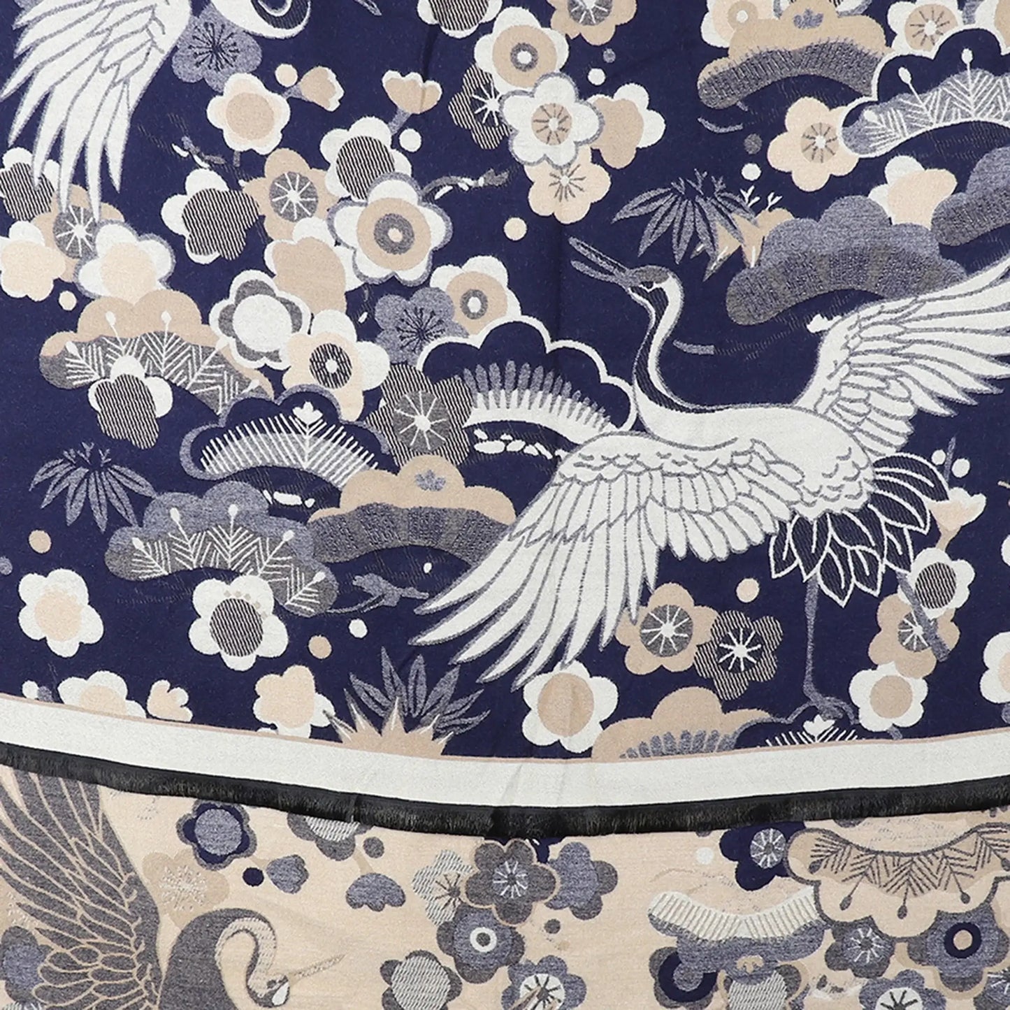 Jacquard crane pattern scarf in black and beige detail