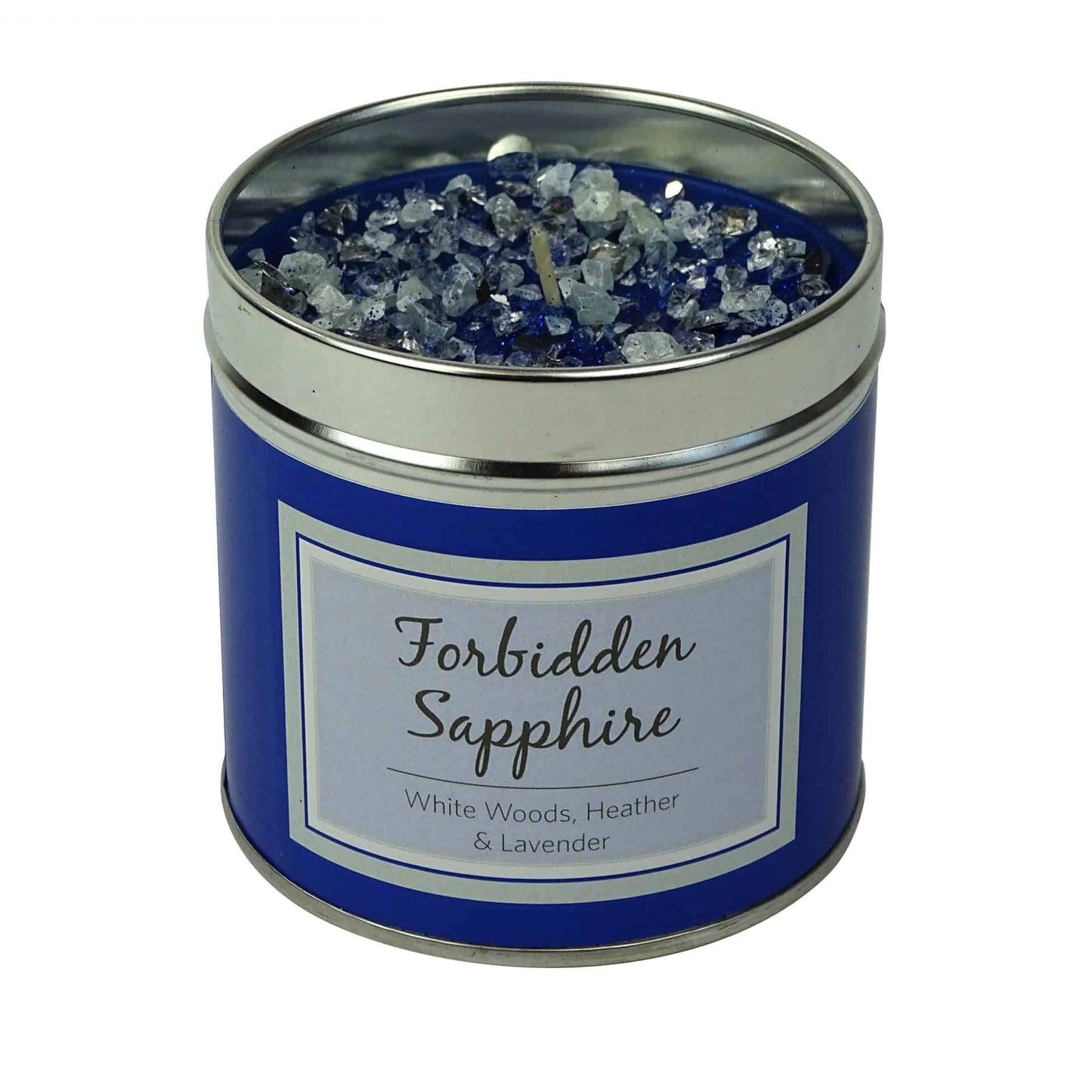Forbidden Sapphire scented candle tin with glittery blue decorated top