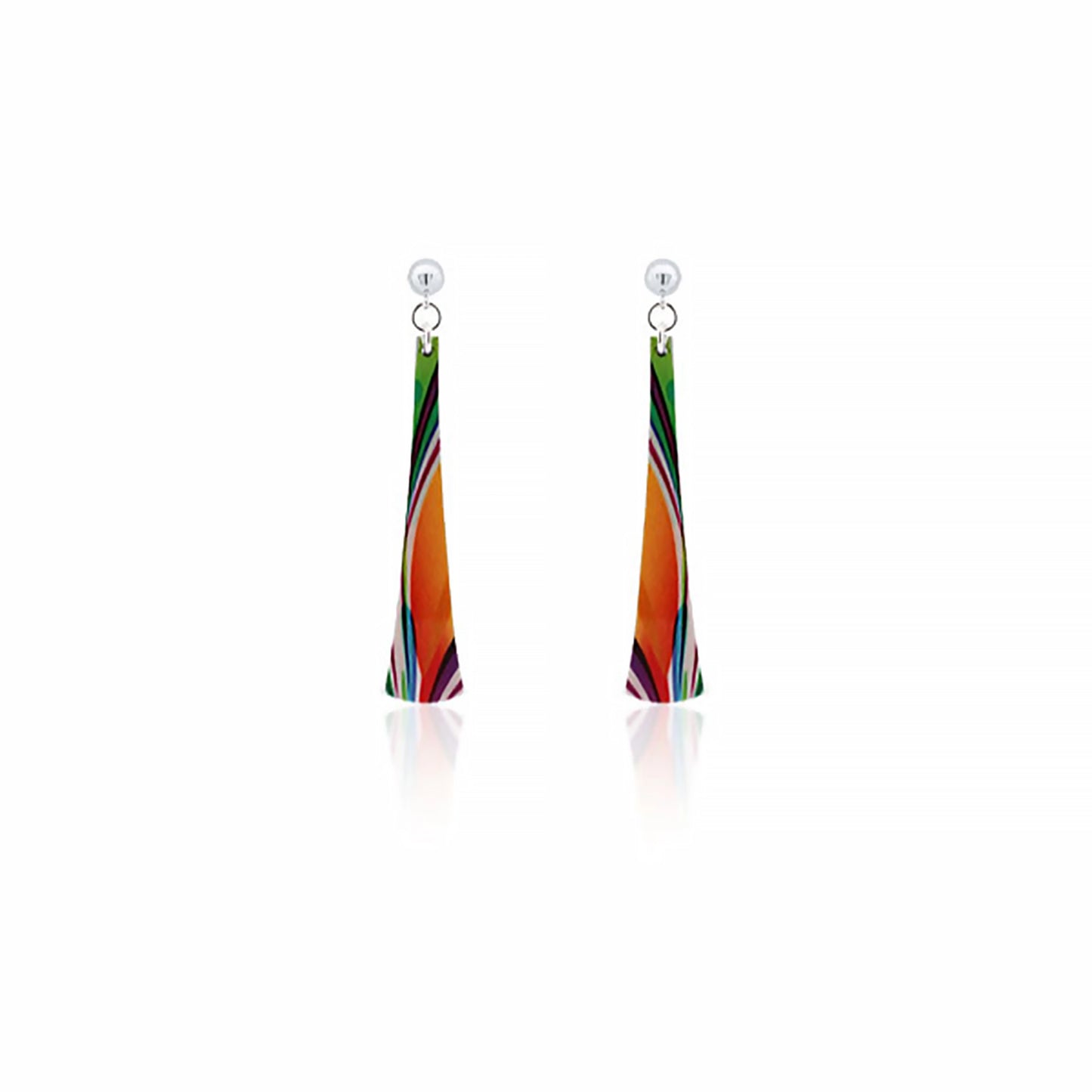 A pair of long bell curved earrings with abstract pattern in orange with streaks of other colours
