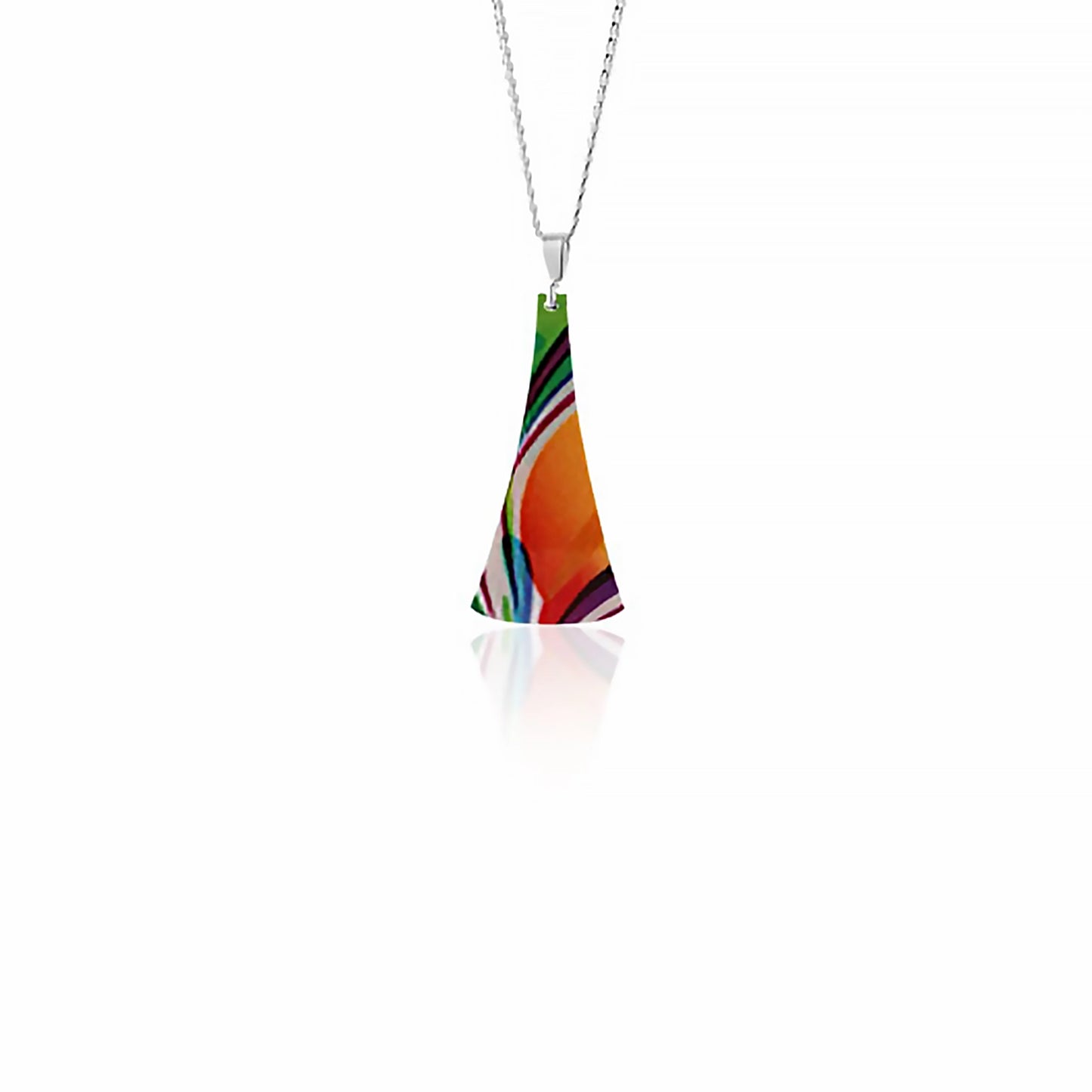 Orange aluminium pendant with multicoloured streaks in an abstract pattern, on a silver chain