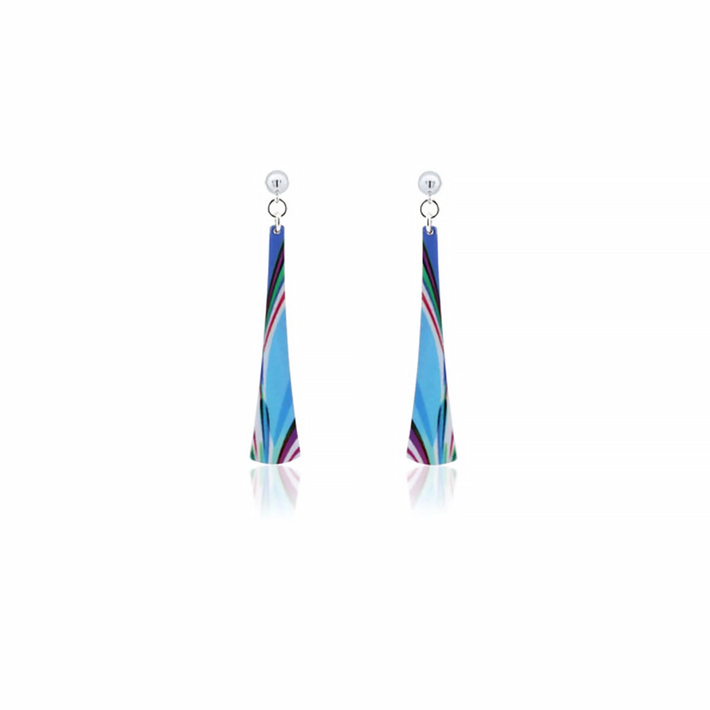 A pair of long bell curved earrings with abstract pattern in turquoise with streaks of other colours