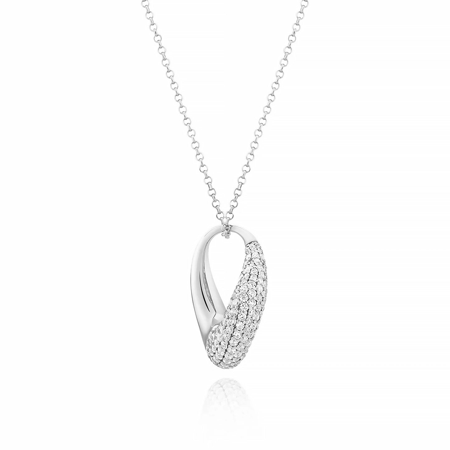 A wavy teardrop shaped silver necklace half set with CZ stones