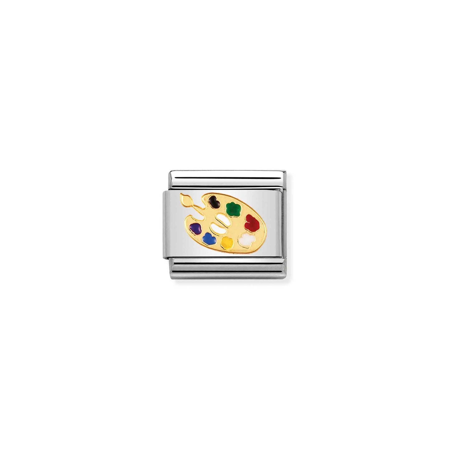 A Nomination charm link featuring a gold artist's palette with different enamel paint colours