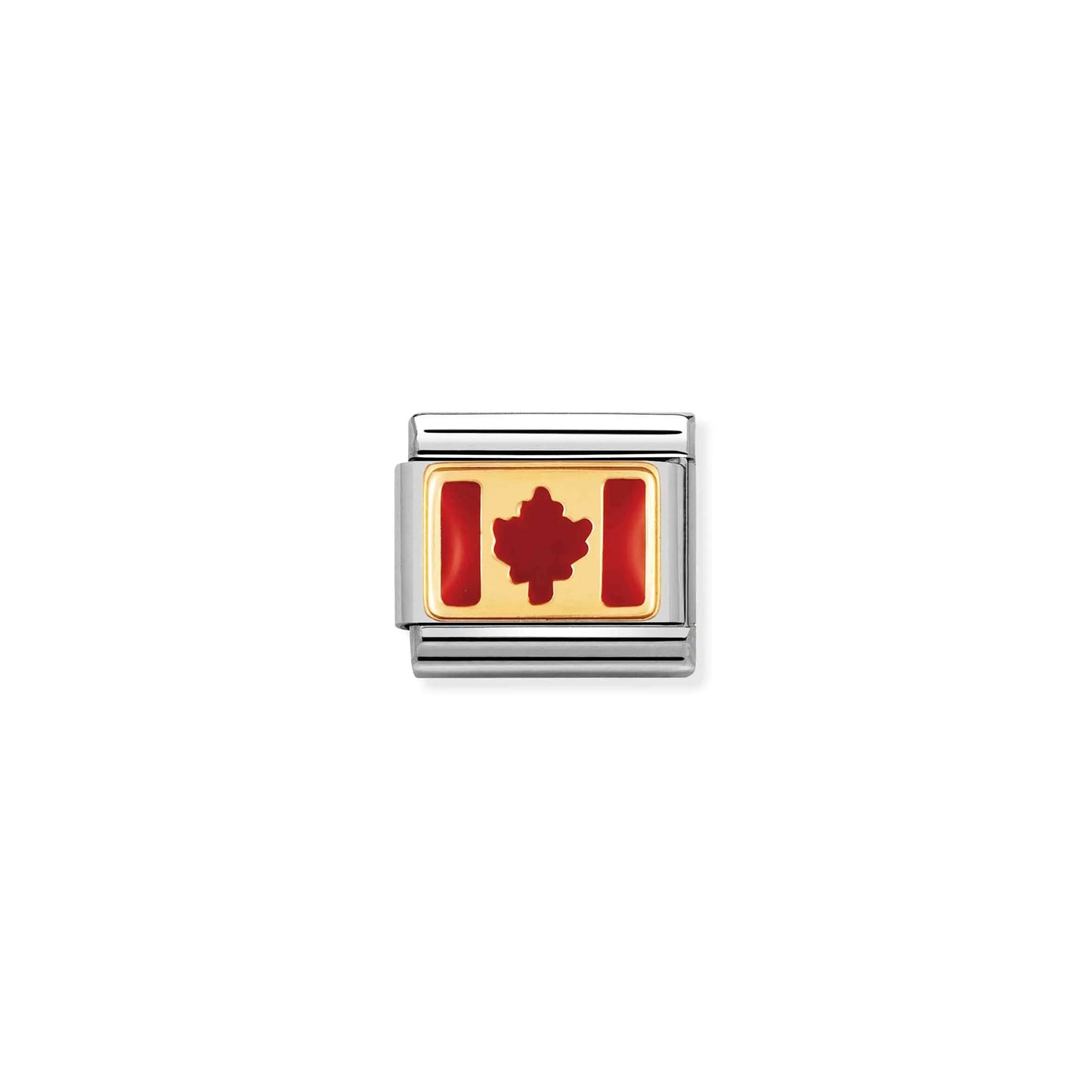 A Nomination link charm featuring a gold Canada flag with red enamel