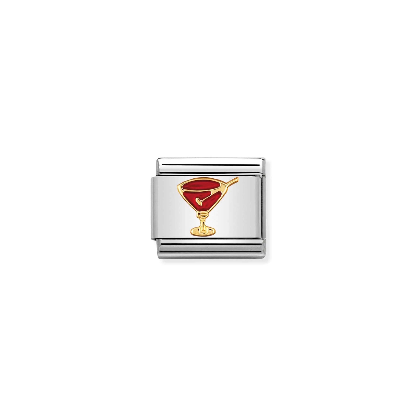 A Nomination charm link featuring a gold cocktail glass with red enamel