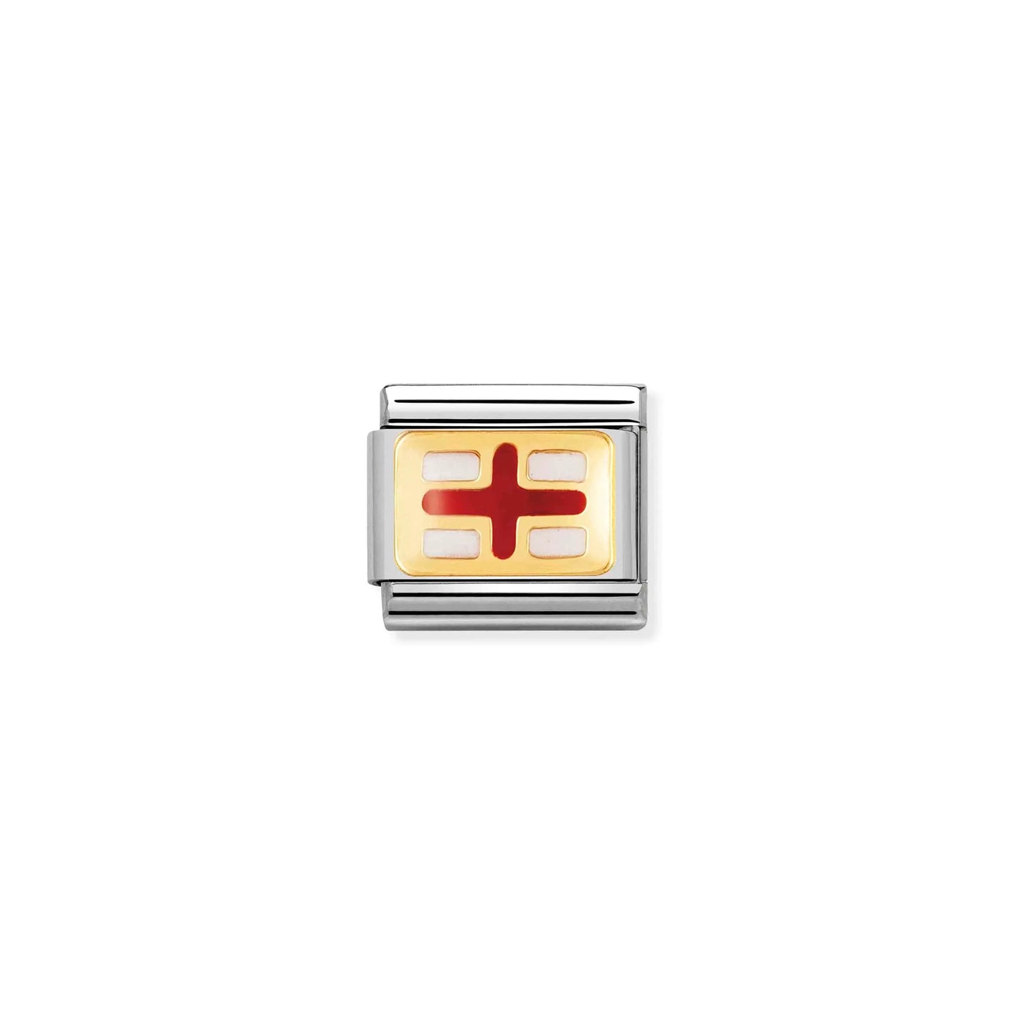 A Nomination charm link in gold featuring the England flag with white and red enamel