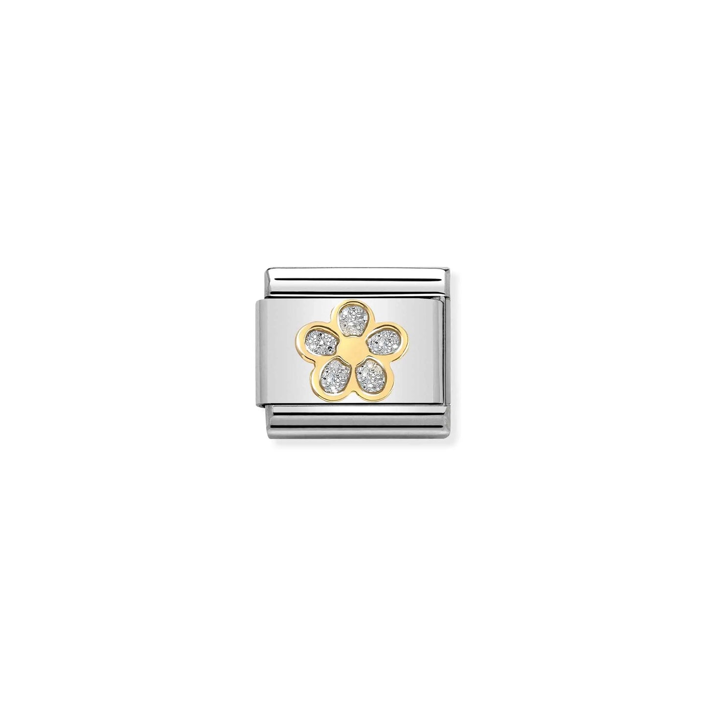 Nomination charm link featuring a gold flower with silver glitter petals