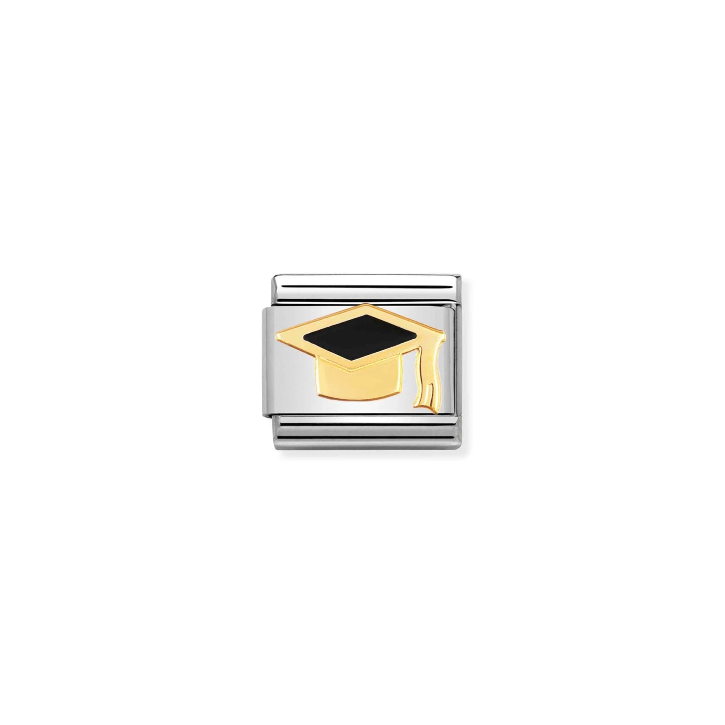 A Nomination link charm featuring a gold graduation cap with black enamel