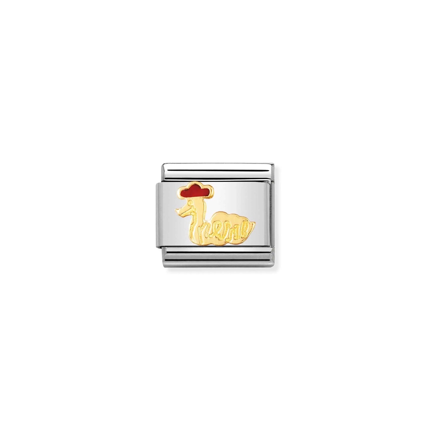A Nomination charm link featuring a gold Nessie with red enamel hat