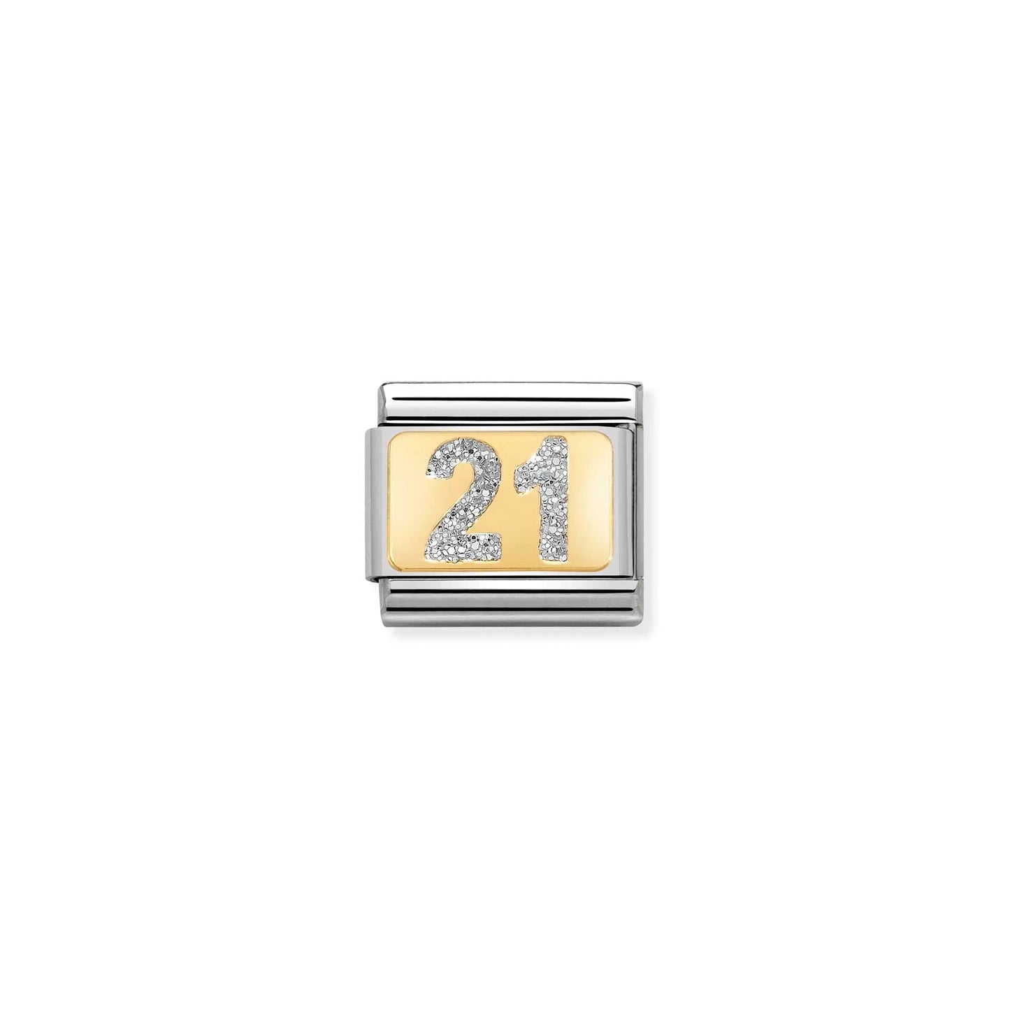 A Nomination charm link featuring a gold plaque with a silver glitter number age 21