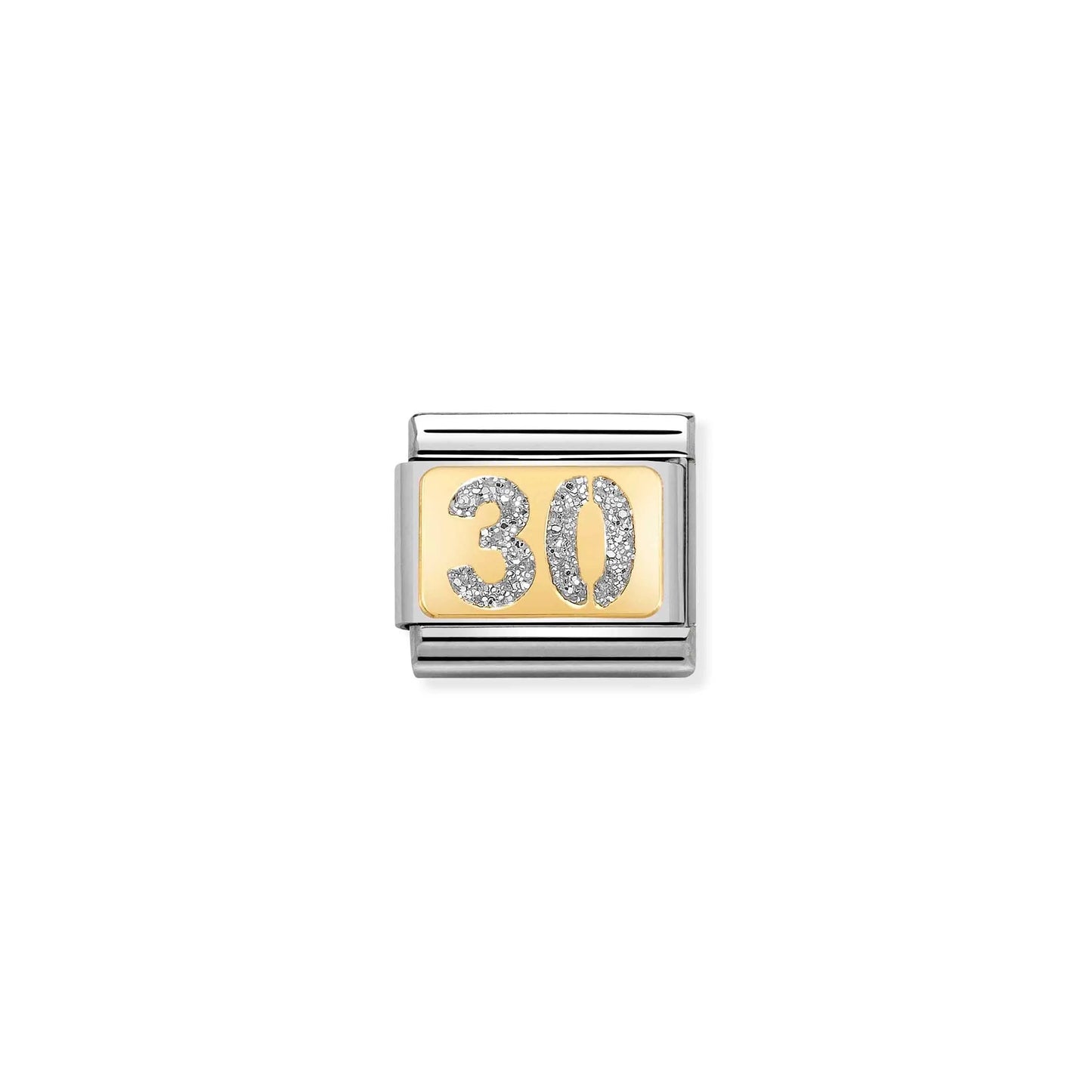 A Nomination charm link featuring a gold plaque with a silver glitter number 30