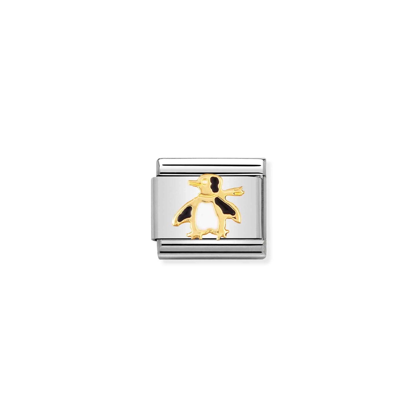 A Nomination charm link featuring a gold penguin wearing a scarf with black and white enamel