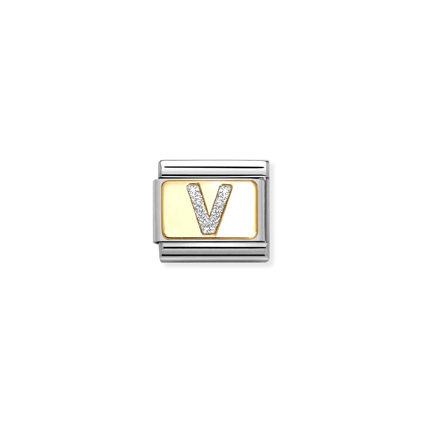 Nomination charm link featuring a gold plaque with a silver glitter letter V