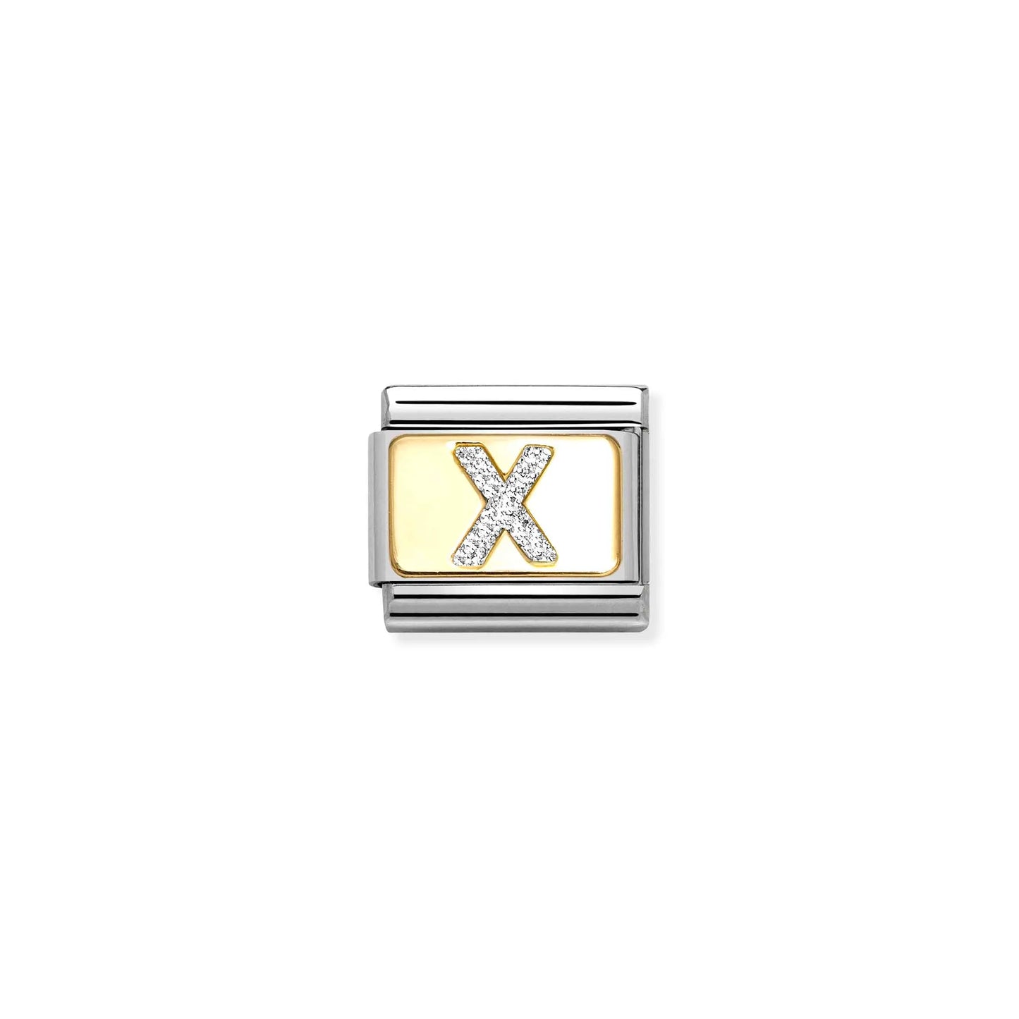 Nomination charm link featuring a gold plaque with a silver glitter letter X