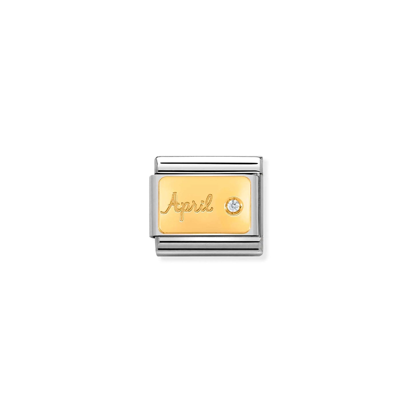 A Nomination charm link featuring a gold plaque engraved with 'April' and set with a round diamond stone
