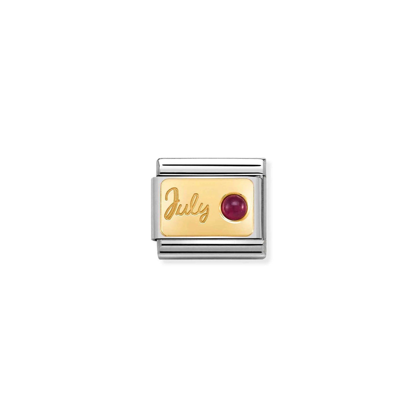 A Nomination charm link featuring a gold plaque engraved with July and set with a round ruby stone