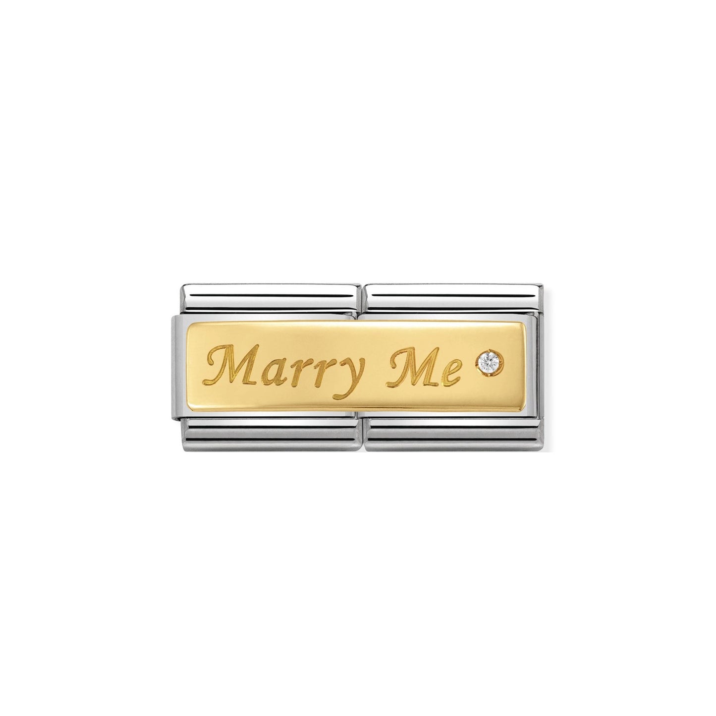A Nomination charm double link featuring a gold plaque engraved with 'Marry Me' and set with a round cubic zirconia stone