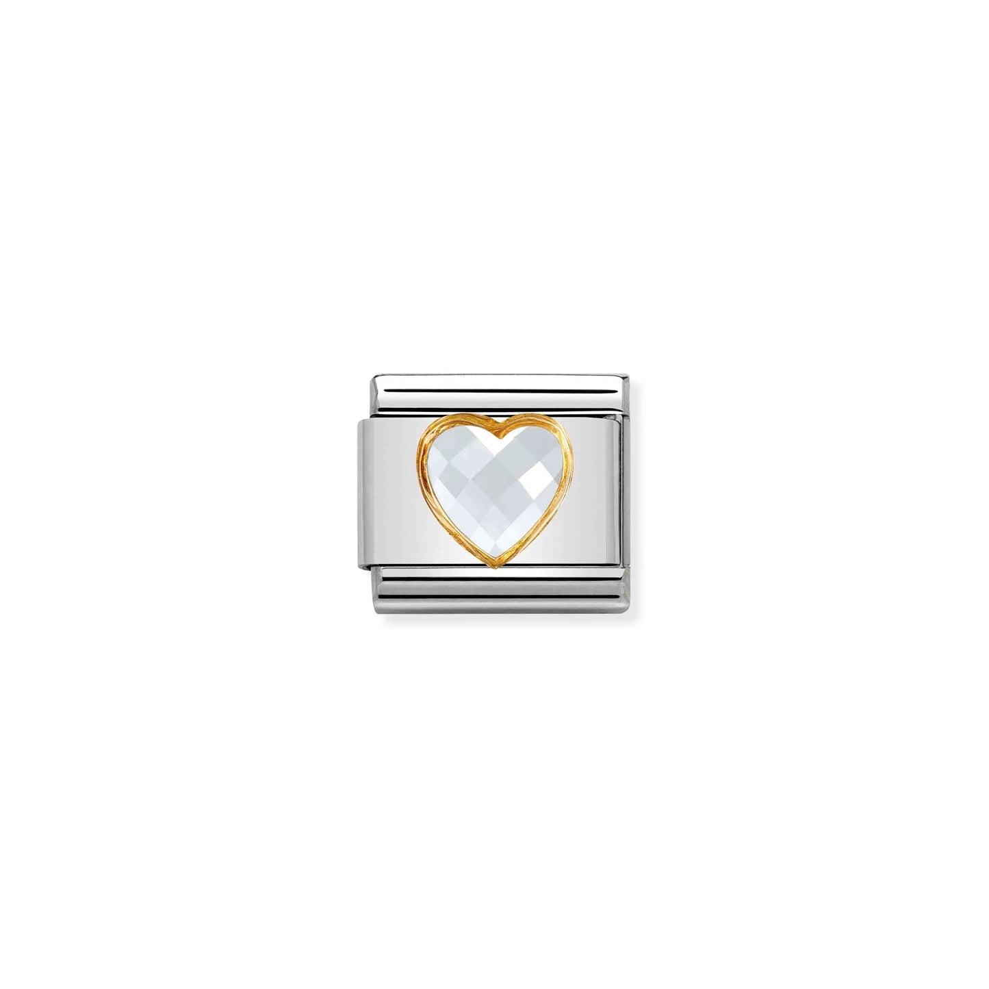 A Nomination charm link featuring a heart shaped white cubic zirconia stone with gold surround