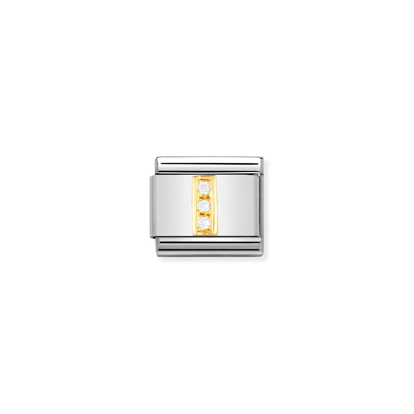 A Nomination charm link featuring a letter I with three white cubic zirconia stones