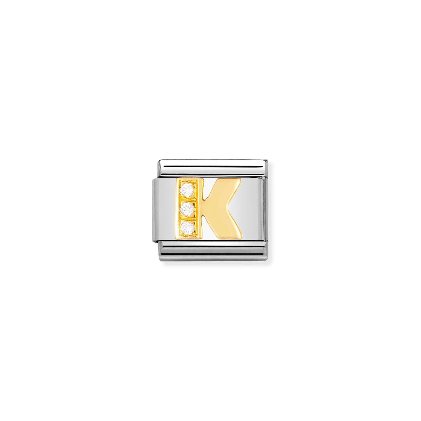Nomination charm link featuring a letter K with three white cubic zirconia stones