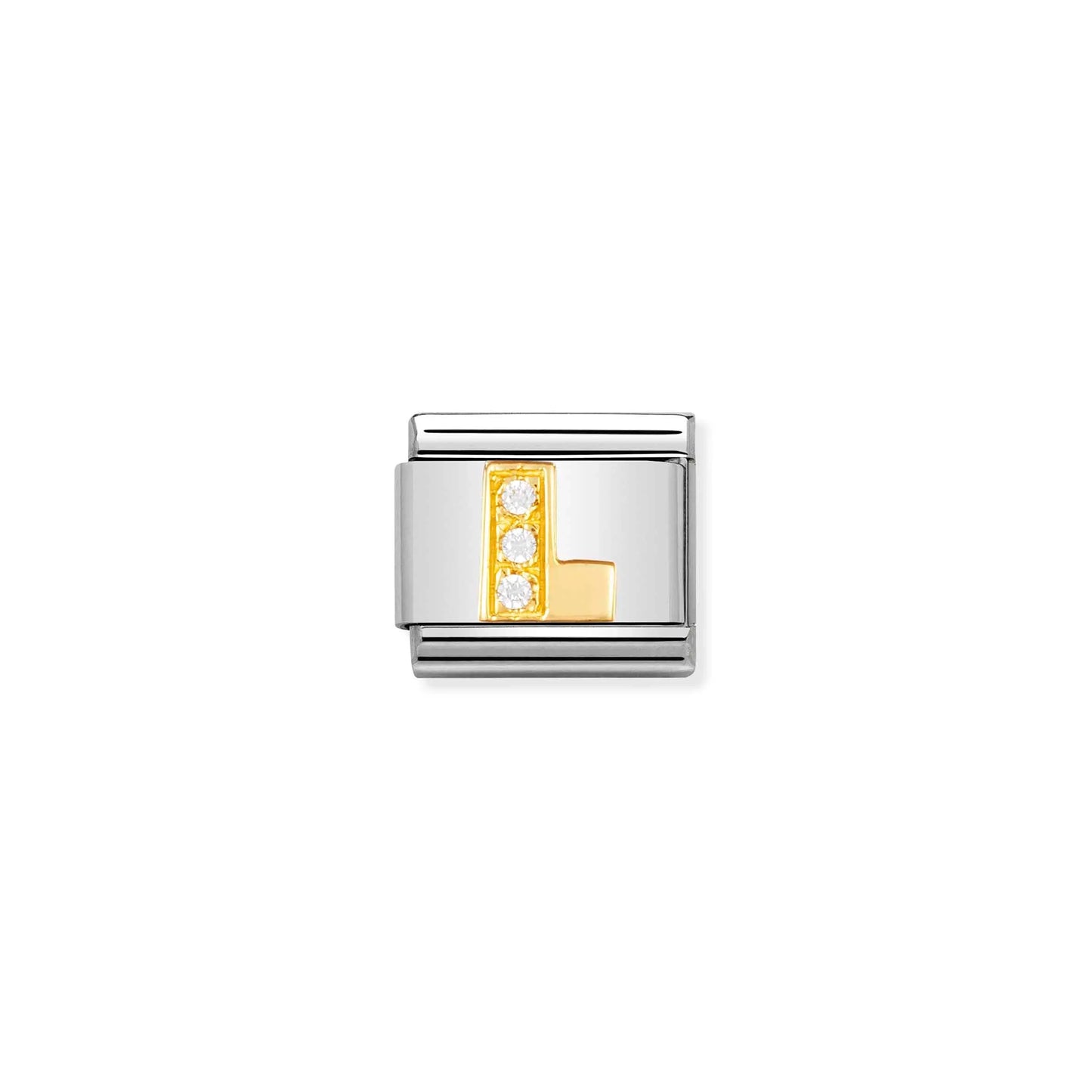A Nomination charm link featuring a gold letter L with three white cubic zirconia stones