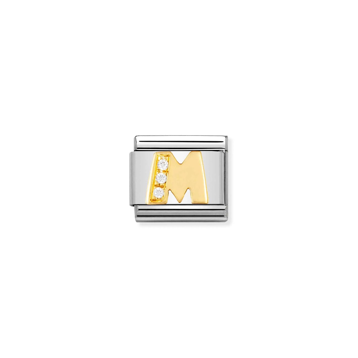 A Nomination charm link featuring a gold letter M with three white cubic zirconia stones