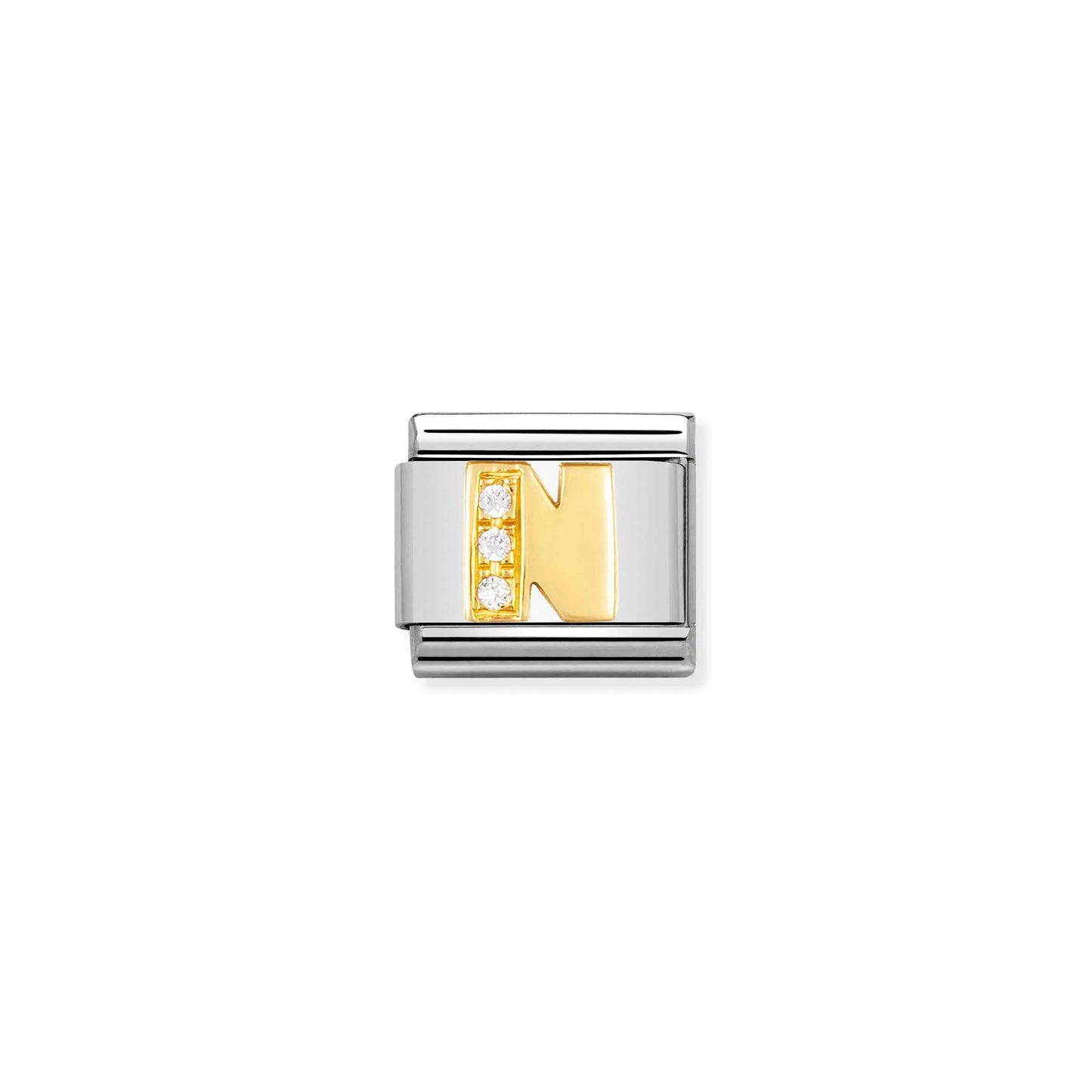 Nomination charm link featuring a gold letter N with three white cubic zirconia stones