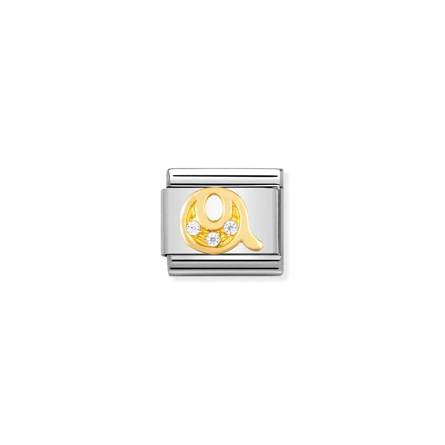 Nomination charm link featuring a gold letter Q with three white cubic zirconia stones