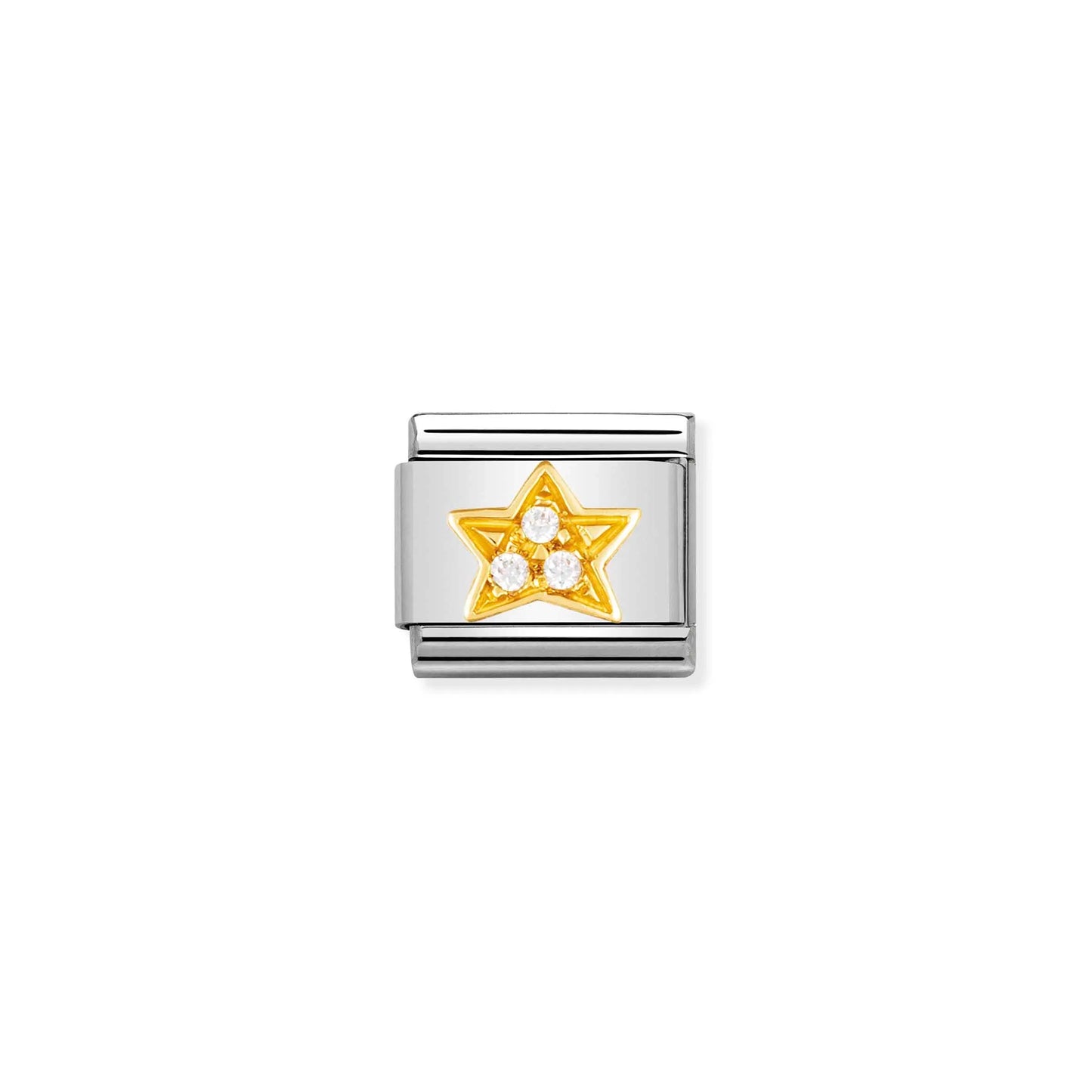 Nomination charm link featuring a gold star with three white cubic zirconia stones