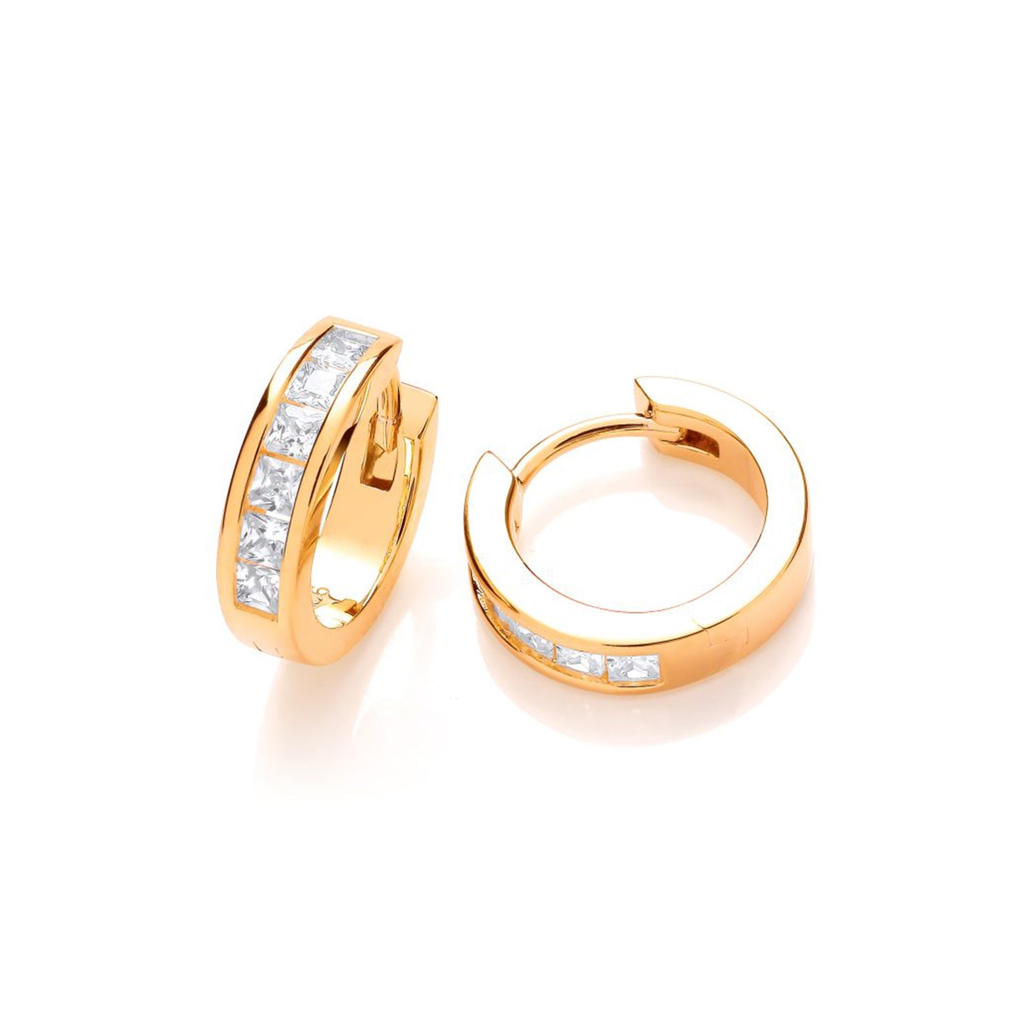 Yellow gold plated huggie hoop earrings with a row of square cut CZ stones