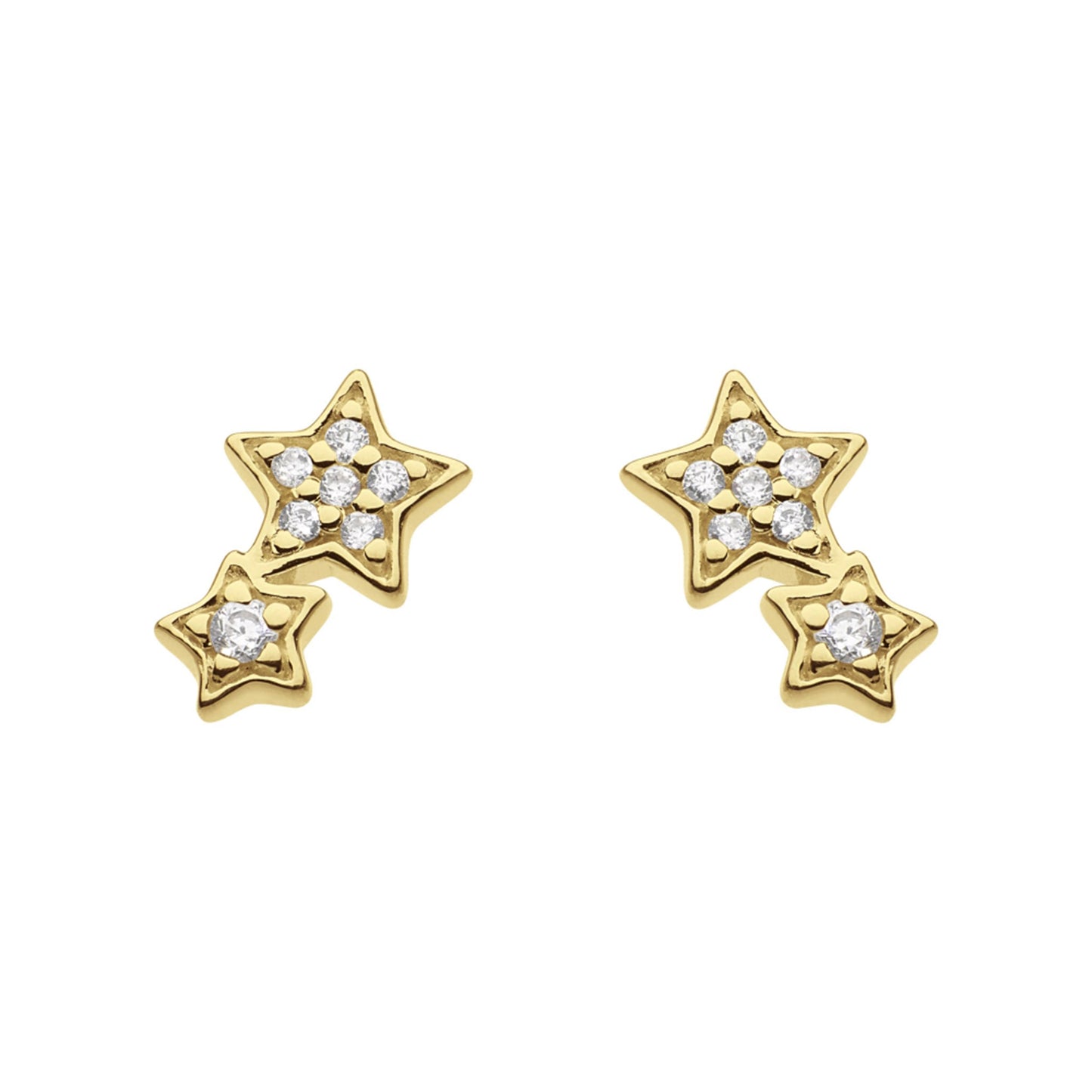 A pair of gold earrings featuring two stars set with CZ stones