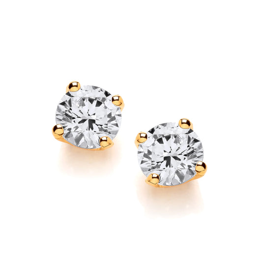 A pair of simple solitaire stud earrings with white CZ stone and gold surround
