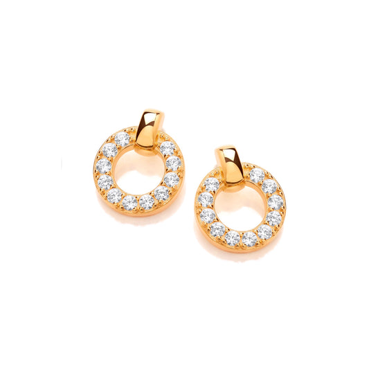 A pair of gold open circle stud earrings set with white cubic zirconia stones