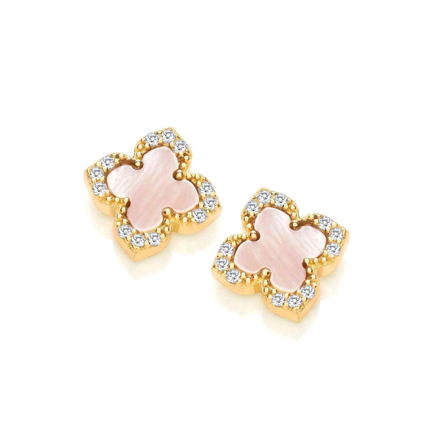 A pair of gold clover shaped earrings with CZ stones and pink mother of pearl in the centre
