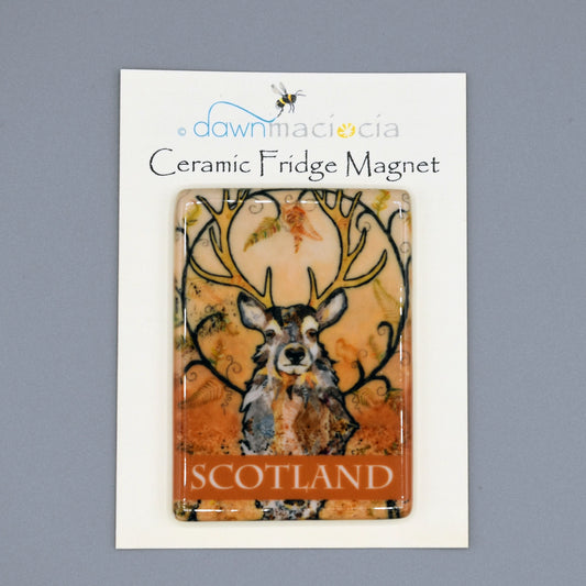 A rectangular fridge magnet featuring a stag with 'Scotland' on the bottom