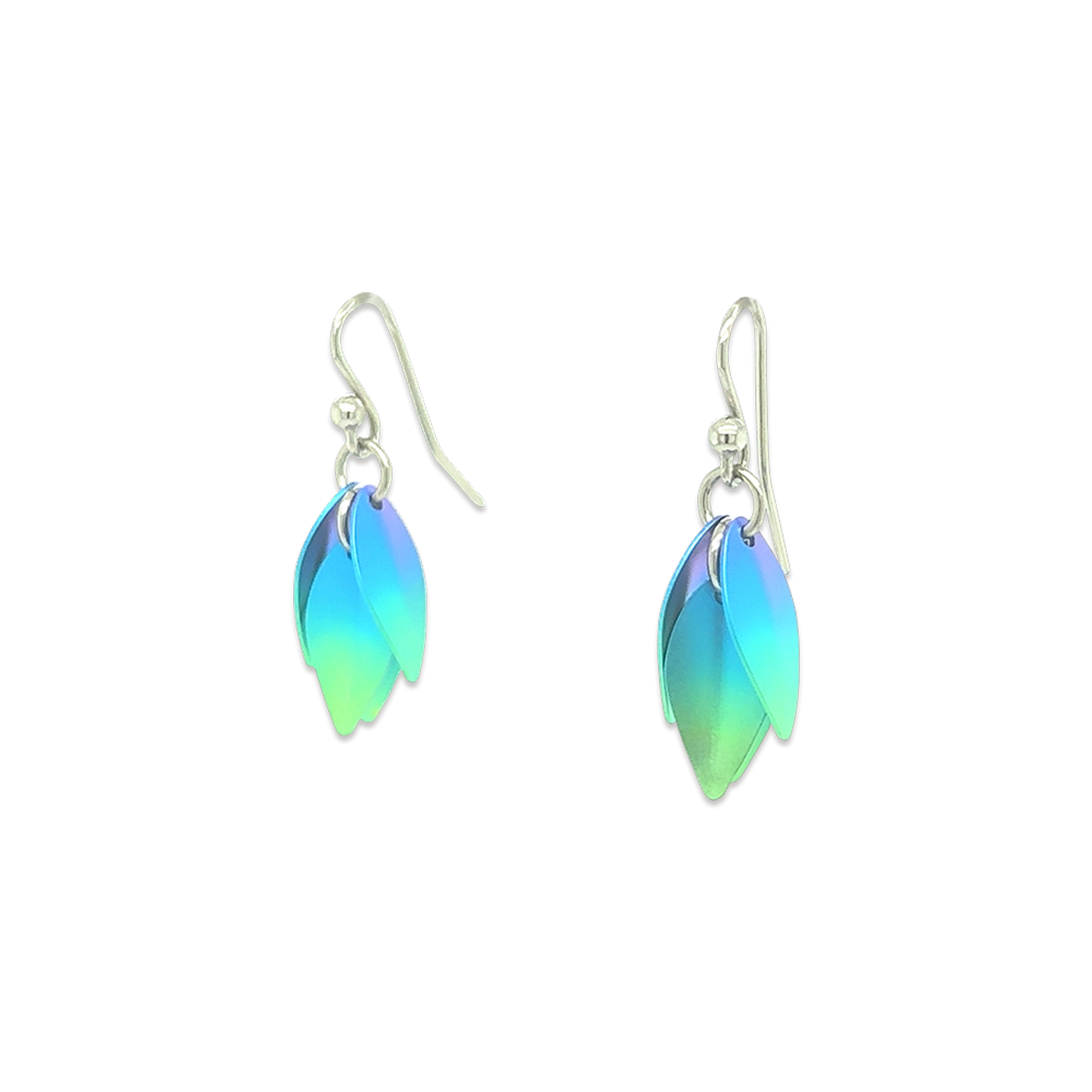Titanium drop flower shaped earrings with green and blue ombre
