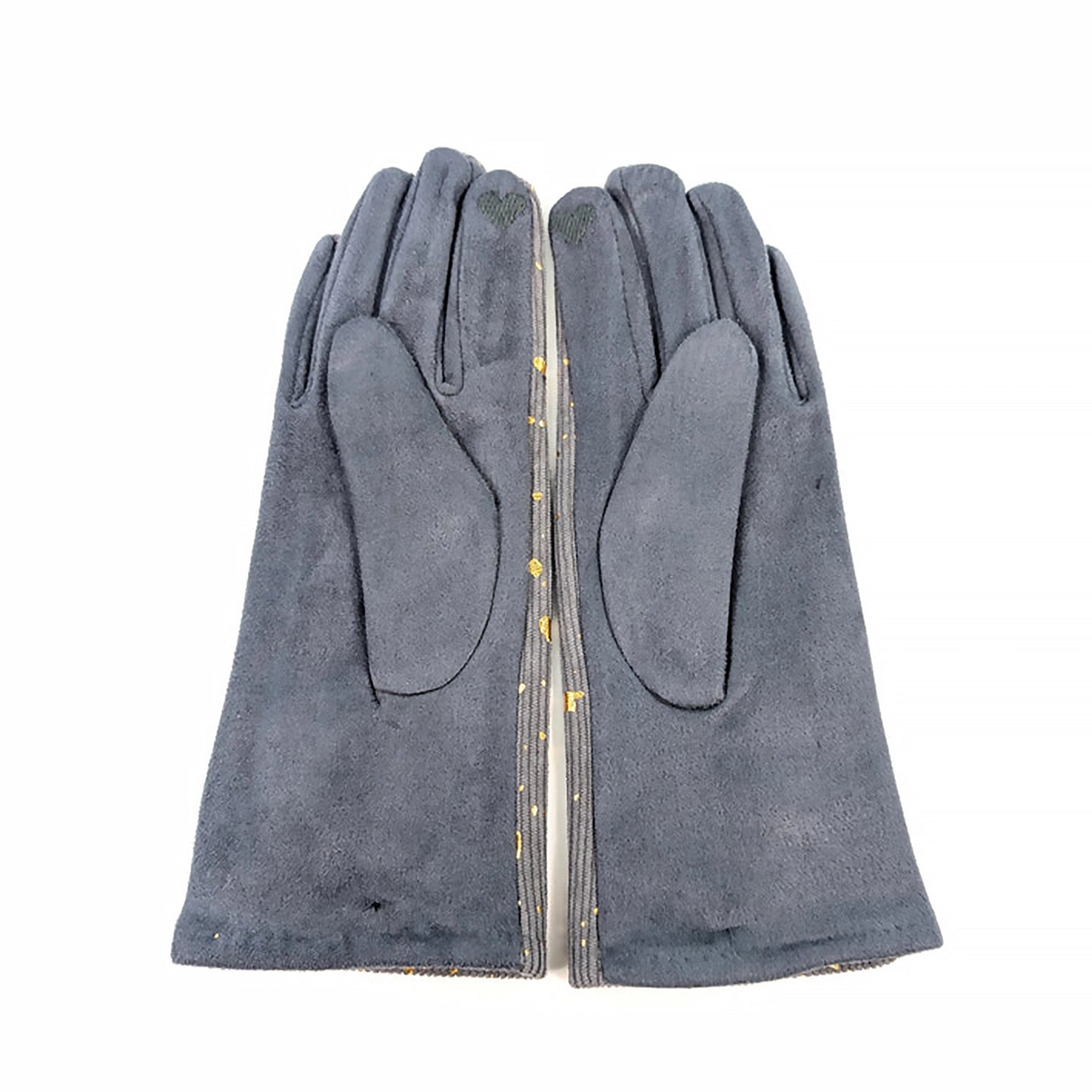 Grey faux suede gloves with heart embroidered touch screen finger detail