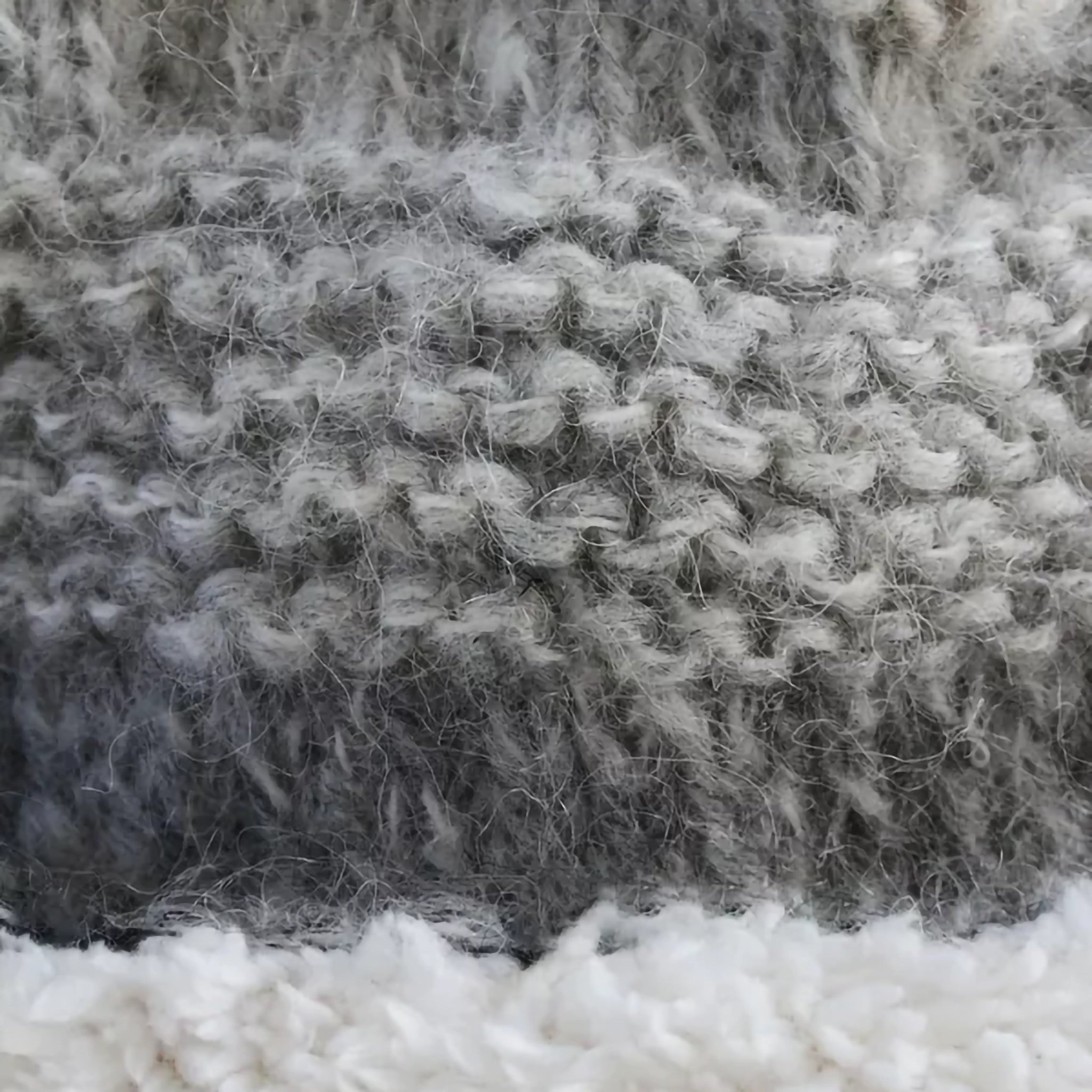 A grey ombre fluffy knitted pompom hat with button detail close-up detail