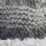 A grey ombre fluffy knitted pompom hat with button detail close-up detail
